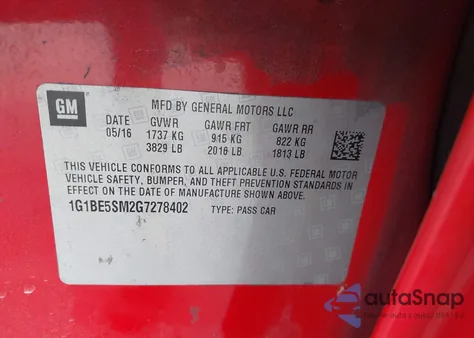 2016 Chevrolet Cruze Lt Auto from USA, damaged, VIN 1G1BE5SM2G7278402